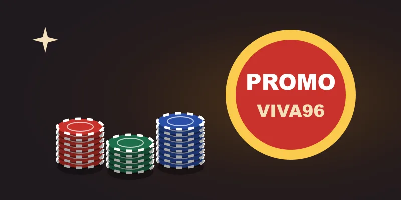 Viva96 Casino promotions illustration with chip stacks and a red promo badge