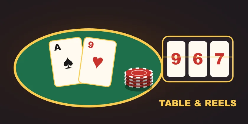 Viva96 Casino game lobby illustration with a card table, chips and pokies reels