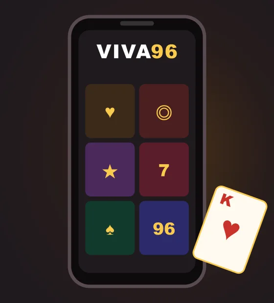 Viva96 Casino on a phone: illustrated lobby with coloured game tiles